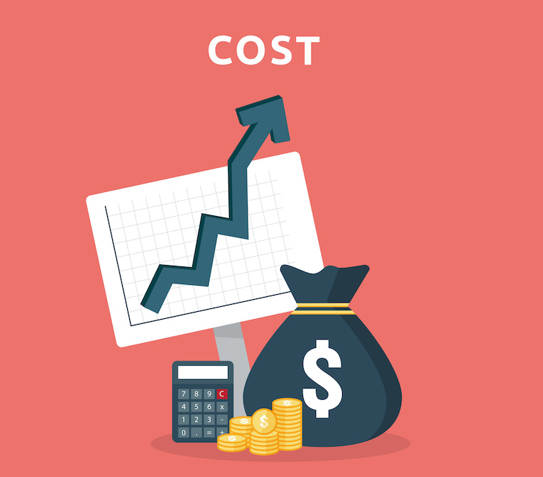 cost fee spending increase with arrow rising up growth diagram. business cash reduction concept. investment growth progress with calculator element in flat design vector illustration.