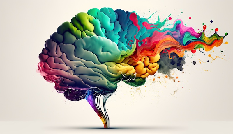 Rainbow human brain explosion, cognitive overload, creative inspiration, mental health, psychology and neurology concept, Generative AI