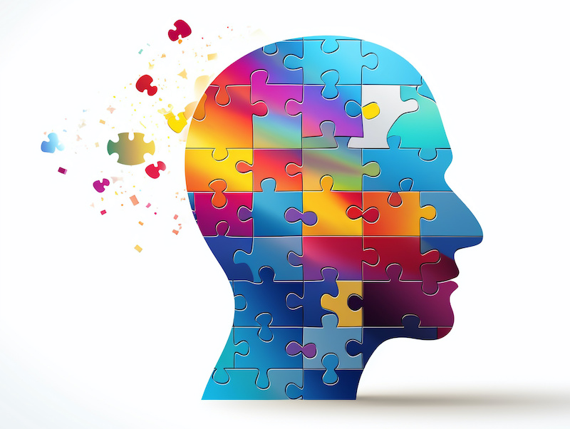 Human head profile and jigsaw puzzle, cognitive psychology or psychotherapy concept, mental health, brain problem, personality disorder, vector line design, Created using generative AI tools.