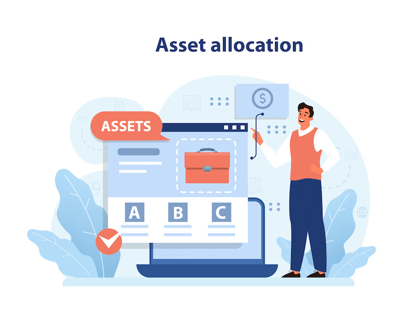 Asset allocation concept. Man presents diversified portfolio distribution on screen, optimizing wealth management. Strategic planning, financial balance. Flat vector illustration.