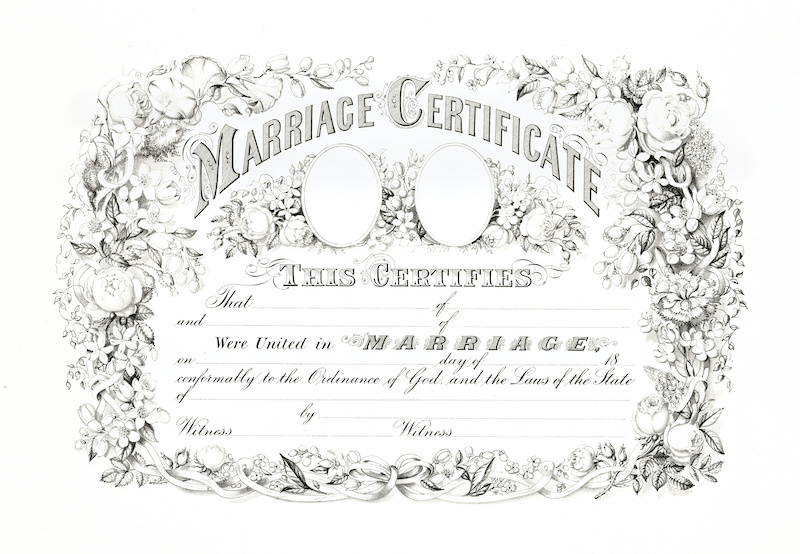 Reproduction of antique marriage certificate with floral border. By Currier & Ives, publ. in New York, 1875