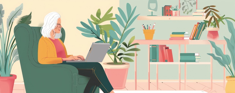 A woman is sitting in a chair with a laptop in front of her. Illustration.