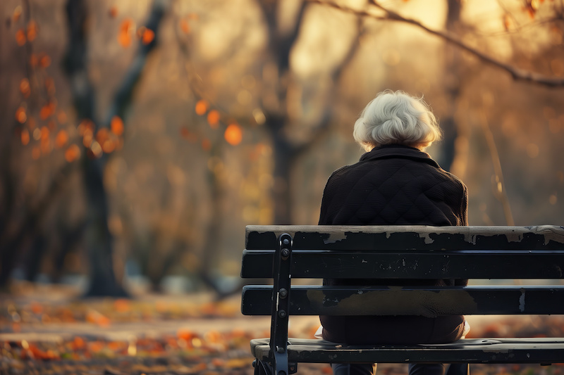 An elderly woman sits alone on a park bench, melancholy of social isolation and loneliness.