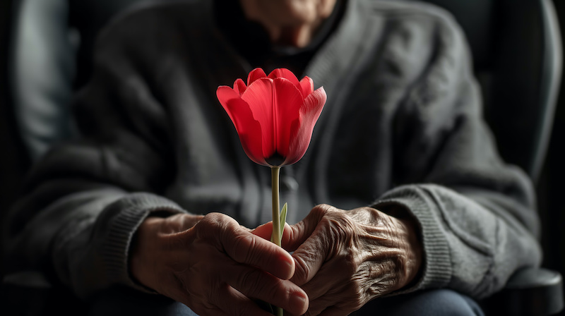 Red tulip in old male hands with Parkinson's disease close-up.