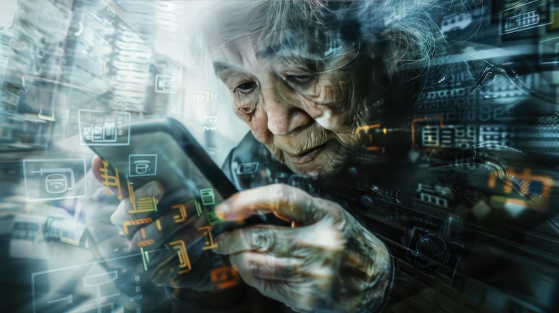 An older female figure hunched over a mobile device her eyes narrowed in amidst a swirl of digital glyphs and distorted photomanipulation evoking a sense of overwhelming technology