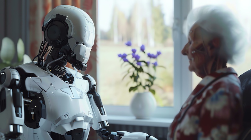 An elderly woman sits in a chair in her home, looking at a robot that is standing in front of her.