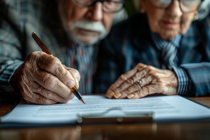 The image captures the intricate details of aged hands as they sign an important document, emphasizing elder care and legal matters