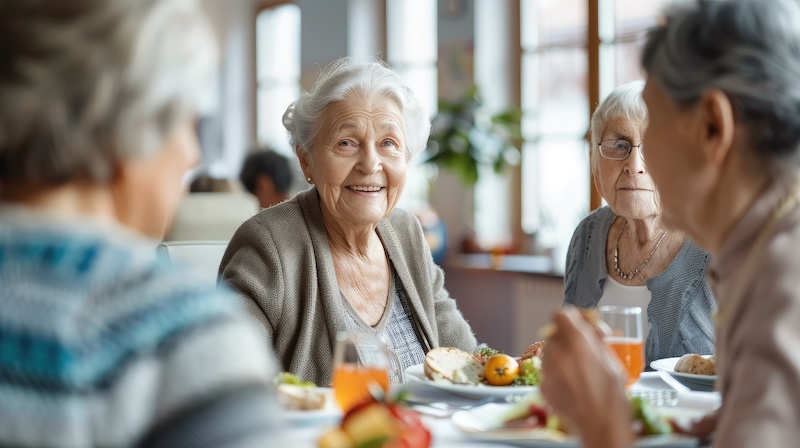 Group of senior friends communicating while eating lunch in nursing home. Focus is on happy woman.