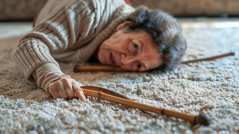 An elderly woman lies on a carpet, reaching for her walking cane after a fall. This image highlights the importance of senior safety and mobility aids in a home environment. AI