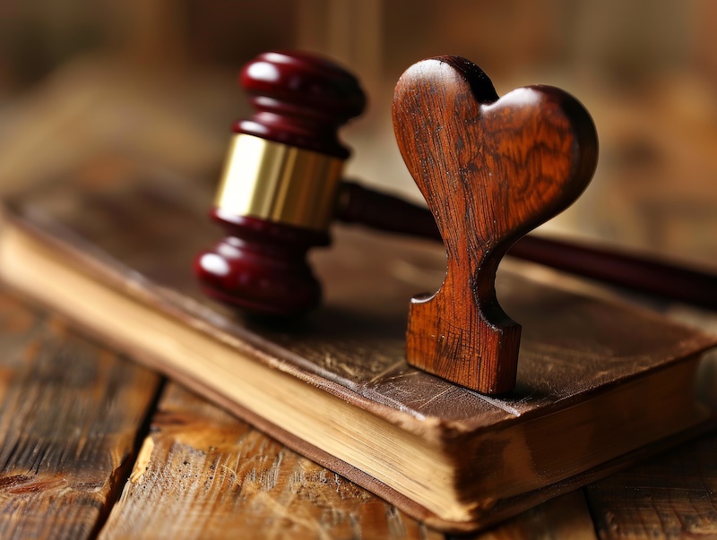 Heart standing on an aged legal code book next to a gavel signifying the intersection of law and emotions