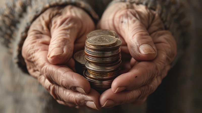 Elderly hands gently holding a stack of coins.