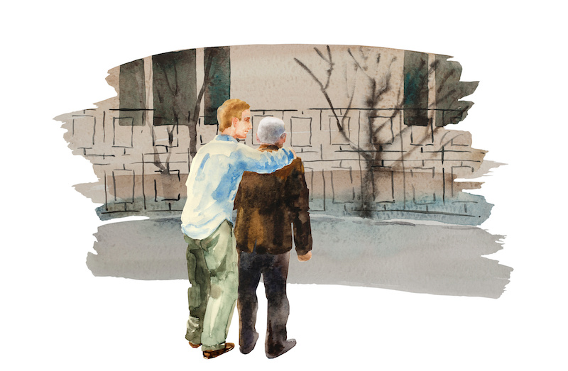 Young man comforting sad senior person, who lost in the street. Alzheimer or dementia watercolor concept illustration