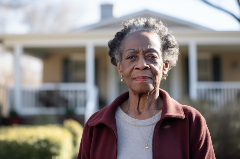 Portrait of a senior African American woman in front of suburban home