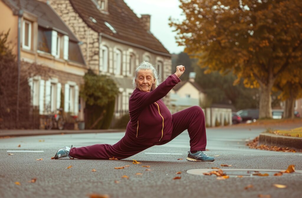 Active senior citizen stretching outdoors in autumn