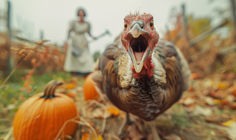 Turkey running and screaming, escaping from woman with axe in home backyard. Thanksgiving concept. Scene full of tension and urgency