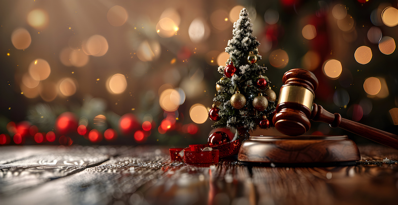 A Christmas tree sits on a wooden table next to a gavel. The gavel is a symbol of authority and justice. Concept of tradition and the importance of upholding the law during the holiday season