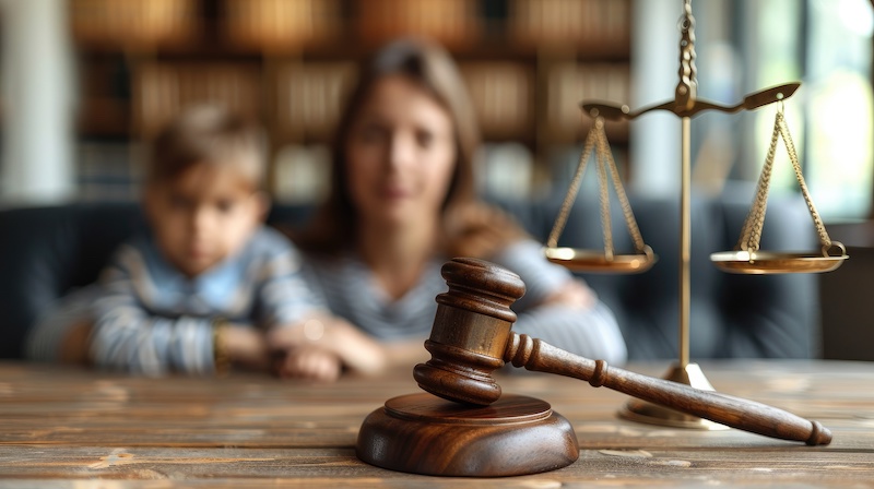 Cute child and mother at table with gavel of judge blurred in background, family law concept. High quality photo