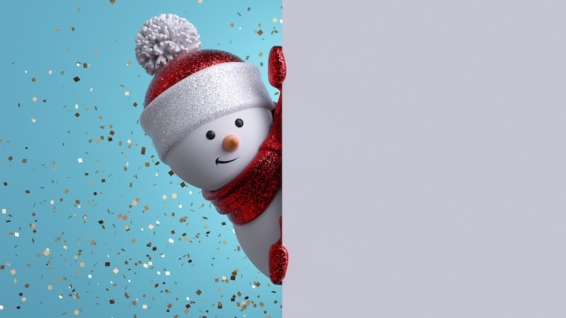 Christmas greeting card template. 3d snowman holding blank banner, looking at camera. Winter holiday background with gold confetti. Happy New Year mockup with copy space. Funny festive character.