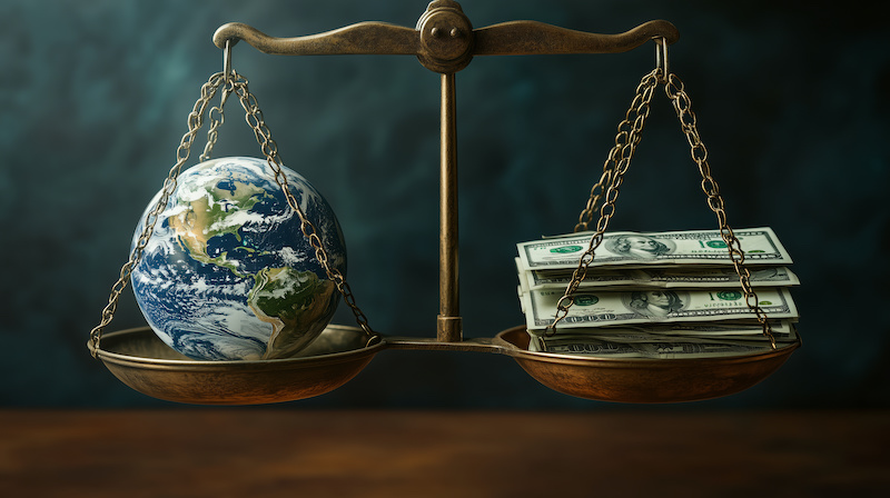 A stunning portrayal of a globe delicately balanced against stacks of currency, symbolizing the relationship between the planet and financial wealth.