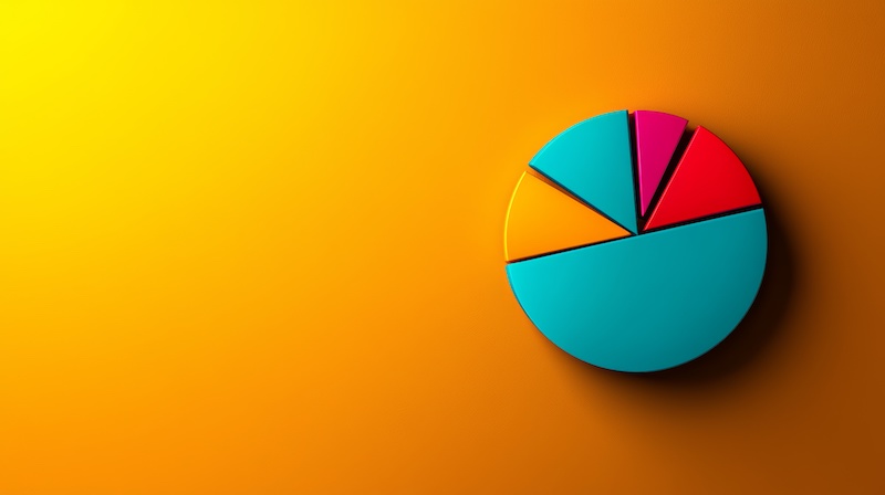 Diversified investments, pie chart with asset segments, flat design illustration