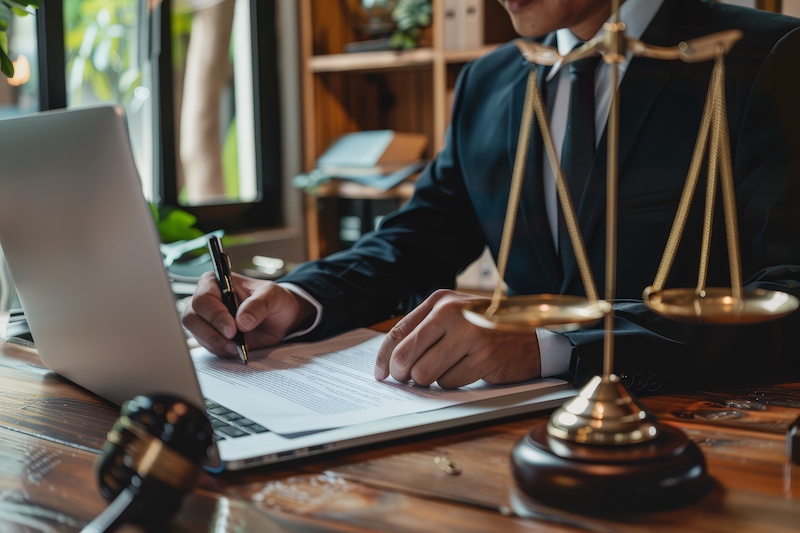 Businessman working on a legal document at the office desk with scales of justice and gavel, symbolizing law and legal profession.