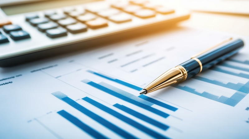 Visualize the concept of filing for bankruptcy using graphs, notes, and a calculator on a clean background.