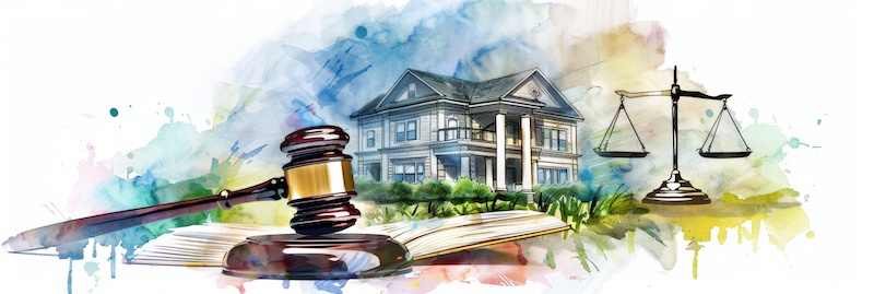 A gavel, scales of justice, and a house symbolize the legal process, fairness, and property rights in real estate.