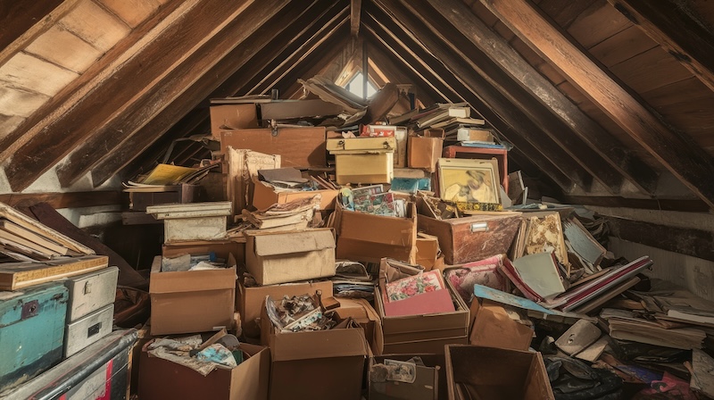 A cluttered attic filled with stacked boxes of old books, papers, and various items, reflecting years of accumulated belongings.