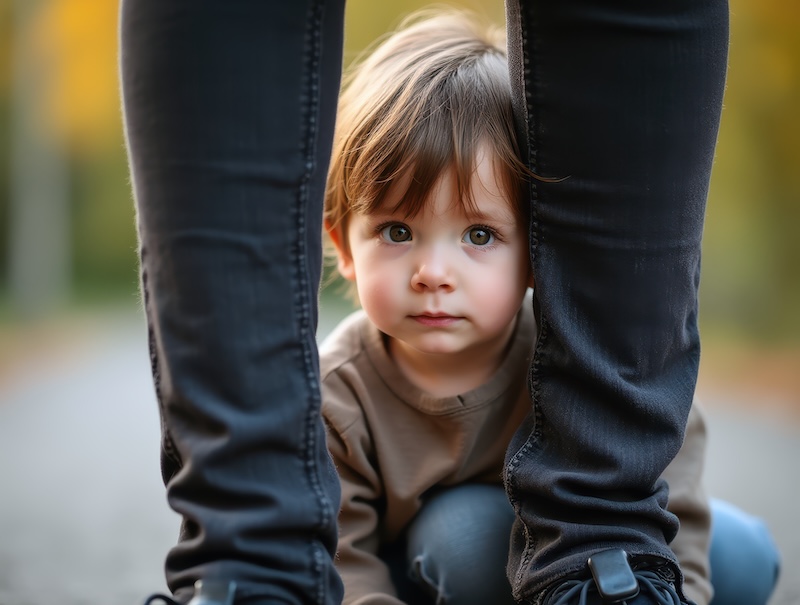 Little child peeking out cautiously from behind an adult's legs, expressing shyness and seeking protection