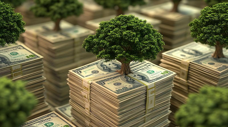 Eco-friendly financial stability symbolized by organized stacks of money with trees financial stability to avoid probate