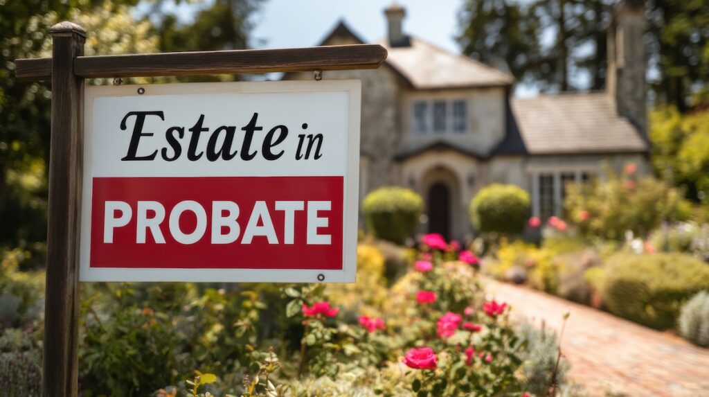 Home with "Estate in Probate" sign in front yard, delay due to poor planning, copy space for text, ultra HD --ar 16:9 --v 7 Job ID: bd60022f-abf0-40d1-95c3-e8eb07146f27