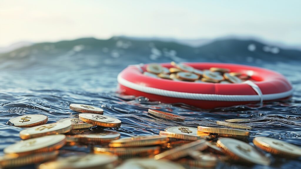 Life preserver with coins in water symbolizes financial aid during crises.