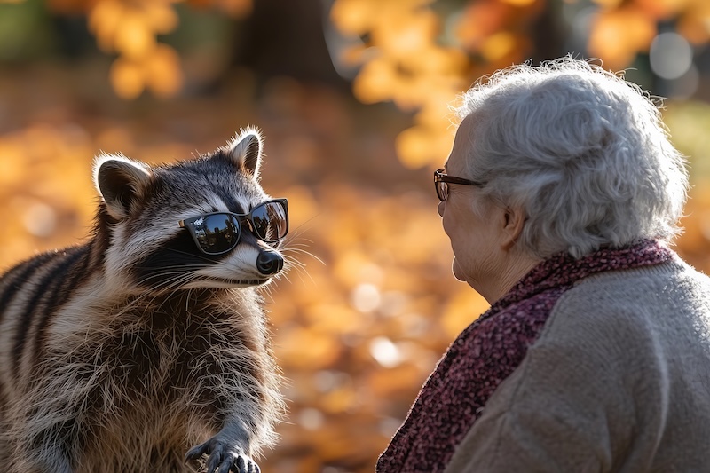 Elderly Woman and Sunglass-Wearing Raccoon Strolling at Senior Care Facility: A Heartwarming Scene with Space for Copy to avoid probate