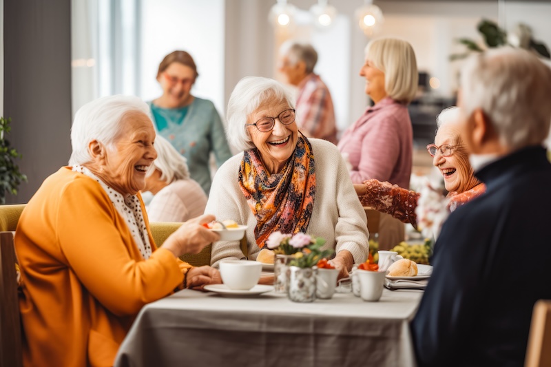 Smiley seniors dancing and having fun celebrating birthday in nursing home, elderly people enjoying a lively social activity gathering