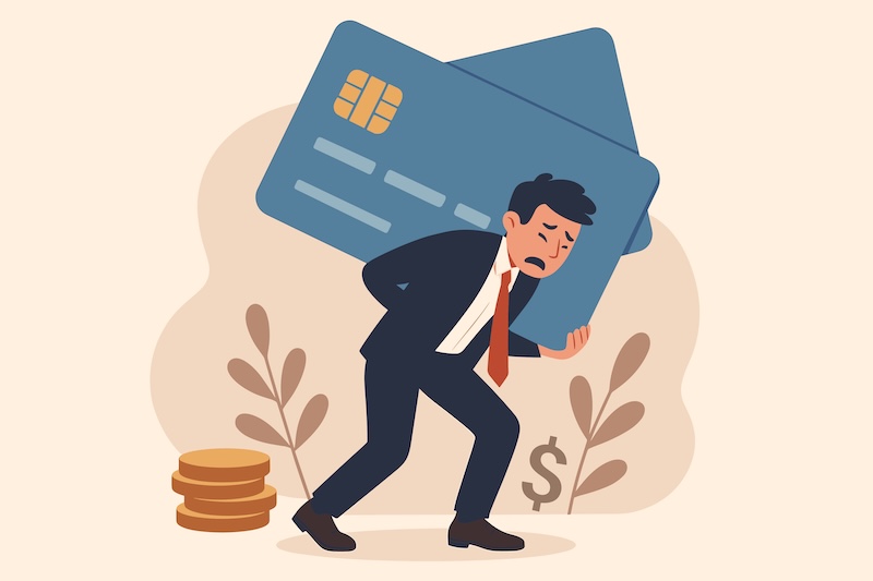 Credit card debt financial problem concept. Frustrated businessman carry heavy credit card. Money trouble loan obligation. Over spending expense despair metaphor illustration. avoid probate