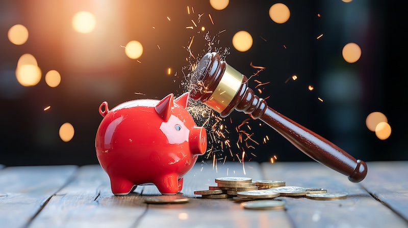 bankruptcy assets law. A vibrant red piggy bank is being struck by a gavel, causing coins to scatter, symbolizing financial judgment or breaking savings.