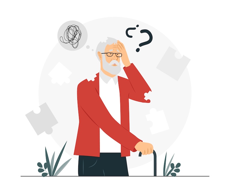 Alzheimer disease concept. Elderly man forgot dear, grandfather with amnesia or dementia. Brain problems and memory lapses, medical poster or banner for website. Cartoon flat vector illustration Dementia Care
