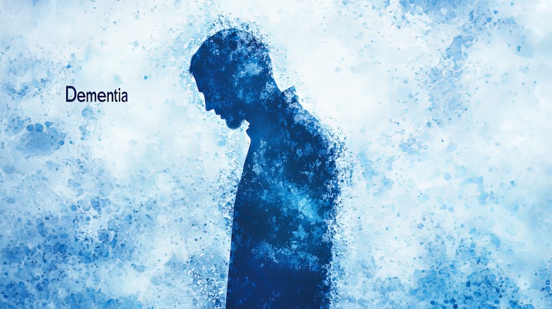 Silhouette of a man symbolizing the effects of dementia in shades of blue.