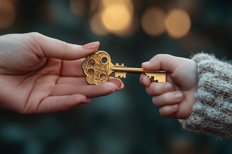 Close-up of a woman handing a golden key to a child, symbolizing trust and opportunity 