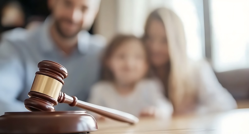 A gavel positioned in front of a family suggests a legal judgment influencing the family's future. The focus is on family law, indicating decisions regarding custody or guardianship.