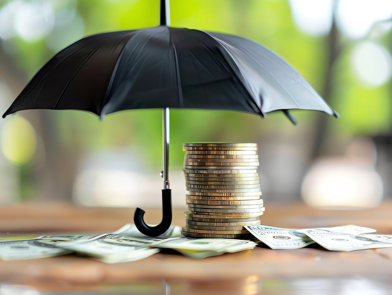 Stack of coins and paper currency under a black umbrella, symbolizing financial protection and savings.