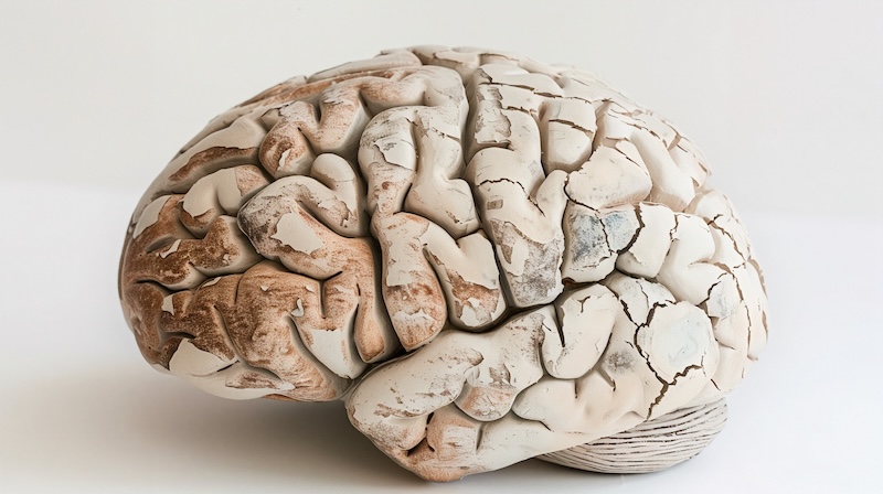 Aging human brain model with subtle cracks and fading colors, symbolizing cognitive decline and mental health. Concept of aging, neuroscience, and mental wellness dementia care.