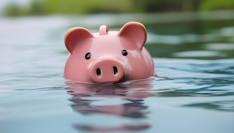 Piggy bank drowning in debt - savings to risk
