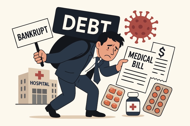 Illustration of Financial Burden from Medical Debt and Bankruptcy Due to Healthcare Costs, Featuring Hospital, Medical Bills, Pills, and Virus Symbol