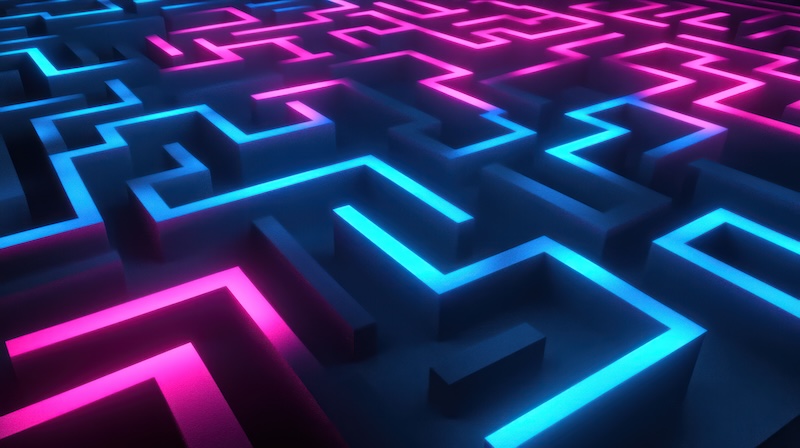 3D render of a glowing neon blue and pink maze background, top view. --ar 16:9 --v 6.1 Job ID: 5ded8051-95d4-4ff5-baf5-129d6d6e75ef labrynth trust administration