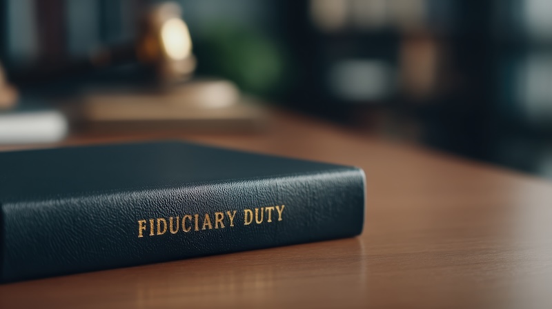 Close-up of a legal folder with embossed gold letters "FIDUCIARY DUTY", resting on a polished desk with subtle light from window, classic law office atmosphere, no faces, empty space for text, no dust --chaos 10 --ar 91:51 --raw --profile 773tzfv --stylize 150 --v 7 Job ID: 481e1f29-d32a-45bf-b8ab-7576da5c0bb3