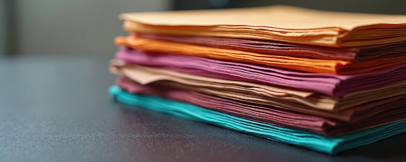 Stack of neatly organized colored files on a dark gray table. Files are labeled and sorted in a pile. Documents are in different colors including orange, pink beige and teal.