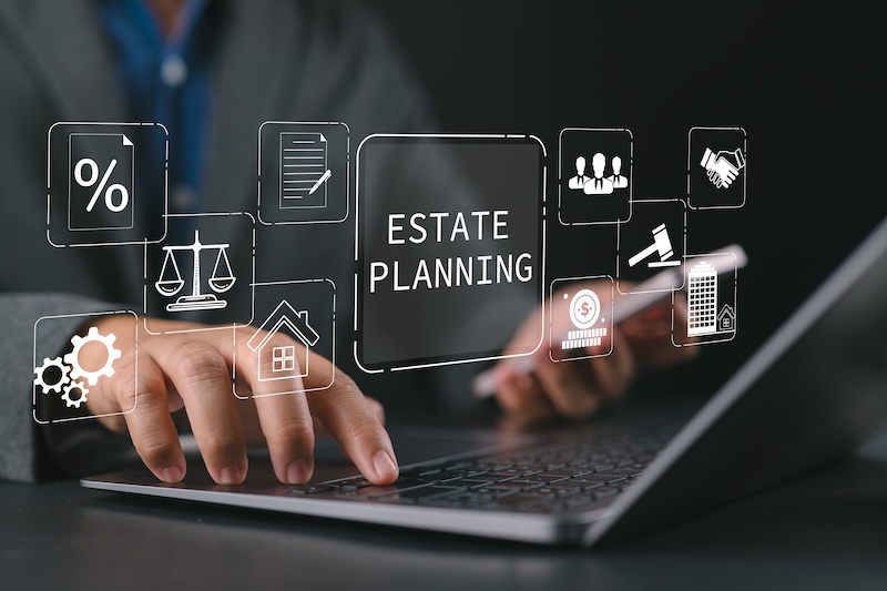 Real estate planning concept. Home insurance, inheritance business and property legal protection services. Planning for transfer of assets and Inheritance tax. Businessman with virtual icon.