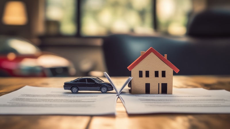 Divorce papers with a house and car icon split down the middle, symbolizing property division, simple line art, blurred legal office background with space for text --ar 16:9 --v 6.1 Job ID: d525fa63-eb3c-4224-aab2-ec5182a84aa7