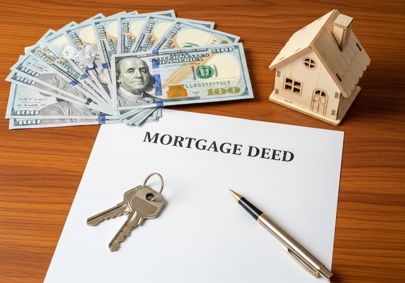 Close up of a mortgage deed paper with keys a stack of US dollar bills and a miniature house model on a wooden surface symbolizing real estate investment and home buying process.